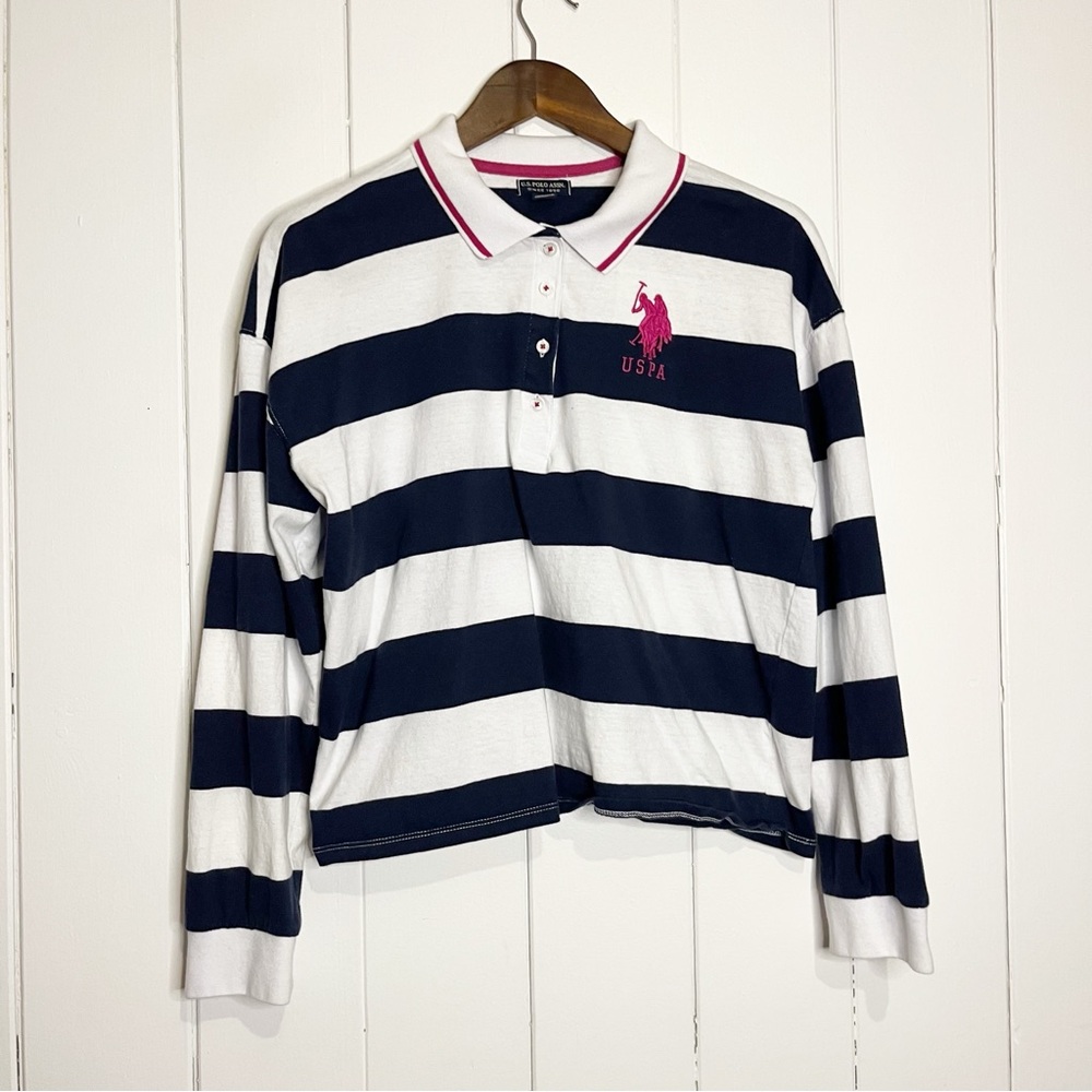 U.S. Polo Assn. White and Blue Striped Rugby Crop Top. Size Large.